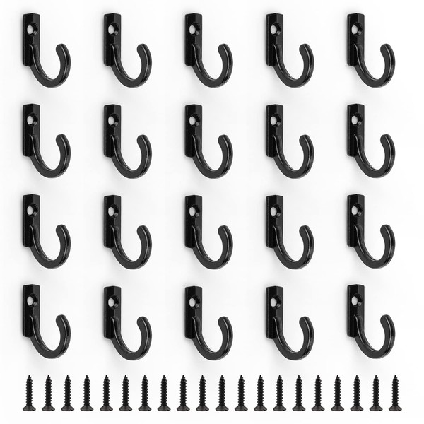 GEBAUM Pack of 20 Wall Hooks for Screws, Black, Small Hooks, 24 x 17 mm with 20 Screws, Material Zinc Alloy, Single Wall Coat Hooks, for Bedroom and Kitchen