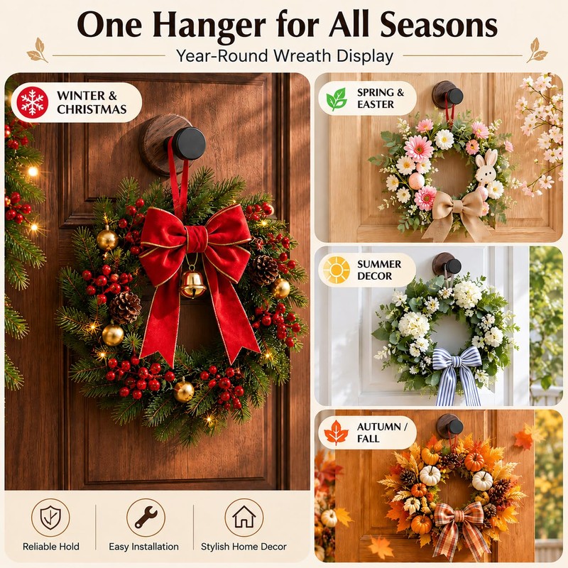 Wreath Hangers for Front Door, 3-Pack Walnut Adhesive Hooks