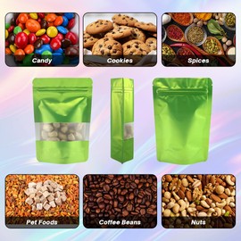 4CP 100 Pcs Zipper Smell Proof Bags with Window, Stand Up Foil Pouches for Food Selfsealing Storage, Reusable Bag for Packaging Small Business, Cookies, Nunt, Candy (Green, 5.5x7.9 Inch)