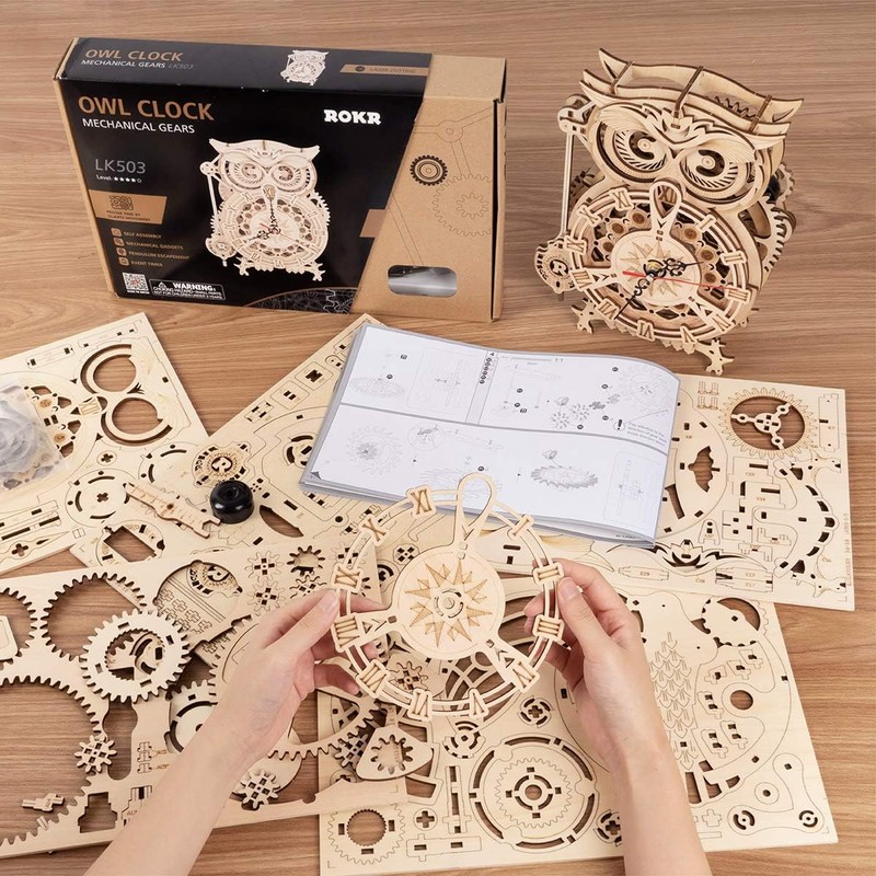 ROKR 3D Wooden Puzzles for Adults Owl Clock - Mechanical