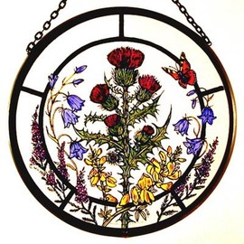 Decorative Hand Painted Stained Glass Window Sun Catcher/Roundel in a Scottish Flowers Design