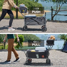 EVER ADVANCED Collapsible Push & Pull Shopping Cart with Wheels & Brakes, Foldable Wagon for Groceries with Practical Basket, Side Pockets & Cup Holders, Beach Utility Rolling Cart for Camping, Grey