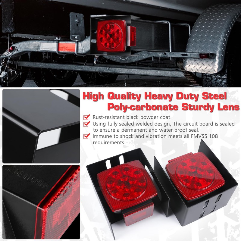 LINKITOM 12V Submersible Square Led Trailer Light w/Steel Mounting Boxes