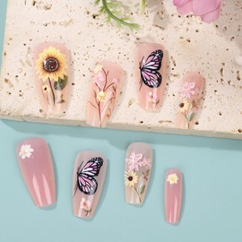 MERVF Coffin Press on Nails Long Fake Nails Pink Ombre French Tip Glue ons Flower Butterfly Spring Acrylic Ballerina False Nail Supplies Art DIY for Women Glossy 24pcs
