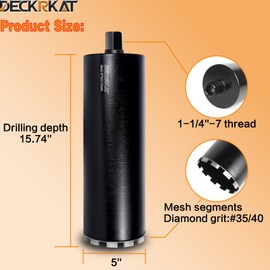 5" Diamond Core Drill Bit with 17.7inch Total Length, 1-1/4"-7 Thread, Laser-Welded Segments for High-Performance Drilling Cured Concrete, Brick, Stone, Masonry Walls and Floor
