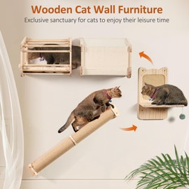 A.FATI Cat Wall Shelves Set, Wooden Wall Mounted Cat Furniture, 5-piece Cat Climbing Perches Set, 2 Cat House with Soft Cushions | 2 Scratching Posts | 1x Scratching Perch with Sisal Mat, Play and Nap