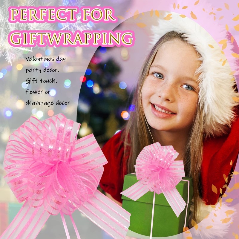 FQTANJU Pull Bow, Large, Organza, 6 Inches, Pink, 5 Pieces