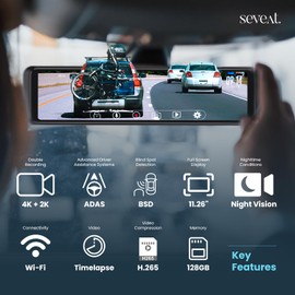 Seveat 4K Mirror Dashcam with 2K Rear Camera, 170° Wide-Angle, IPS Touch Screen, GPS Support, -20°C to 80°C Operating Range, 128GB Memory Card Included, 11.42 x 1.77 x 3.35 inches (Black)