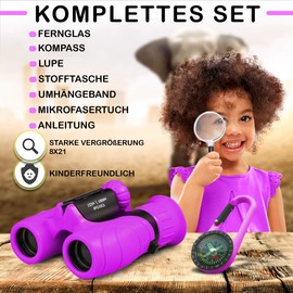 Binoculars for Children, Perfect Toy for Little Boys and Girls, Extensive Set Including Magnifier and Compass, Powerful Magnification 8X21, for Children Aged 4–8 Years