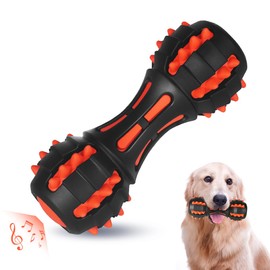 AUSCAT Durable Squeaky Dog Toys, Rubber Chew Toys for Dogs, Teething Dog Toys, Dumbbell Shape, Red