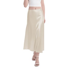 Urban CoCo Women's A-Line Satin Long Skirt Silk Elegant High Waist Cocktail Party Wedding Flowy Midi Skirts(S, Champagne)