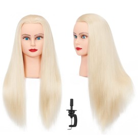 Headlima Cosmetology Mannequin Head Manikin Training Head 26-28'' Synthetic Fiber Hair Styling Practice Doll Head Hairdresser with Clamp Stand (White)