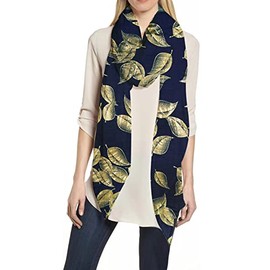 Lina & Lily Leaf Metallic Foil Women's Scarf Shawl Lightweight (Navy Blue-Gold)