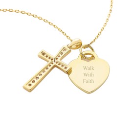 THINGS REMEMBERED Engraved Heart and Cross Swing Gold/Sterling Silver Necklace (Free Customization)