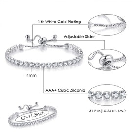 GEMOSA Tennis Bracelets for Women White Gold Plated Sparkly Diamond AAA+ Cubic Zirconia CZ Rhinestone Adjustable Trendy Bracelet Silver Fashion Wedding Gift