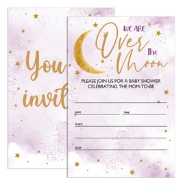 UDNADKEX Baby Shower Invitations for Girl Star with Envelopes, Invites for Baby Showers Party Over The Moon, Purple Baby Shower Invite Cards, We Are Over The Moon, 4"x6" Set of 20