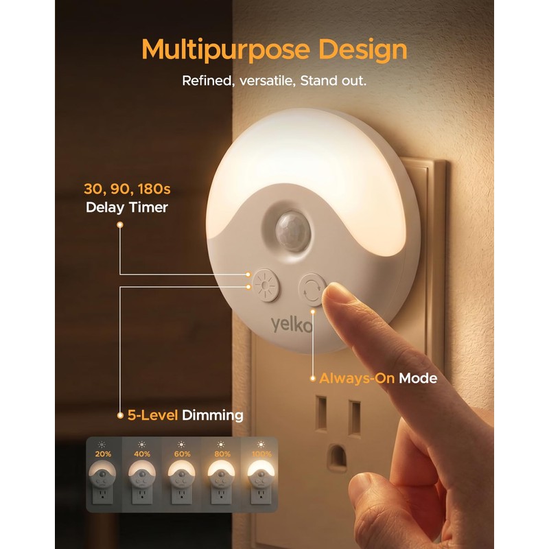 YELKO Plug-in Motion Sensor Night Light with Dusk to Dawn
