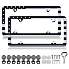 Black American Flag License Plate Frame - 2 Pack Stainless Steel Classic Patriotic USA Flag License Plate Holder Cover Rust-Proof Auto Parts Decoration with Screws 4 Holes