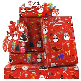 Weihnachts-Geschenkpapier, Rot, 4 Bögen, Weihnachtsmann, Schneemann, Pinguin, Lebkuchenmann, Geschenkpapier, für Männer, Frauen, Kinder, Jungen, Mädchen, Weihnachts-Dekorpapier für Weihnachten oder