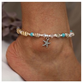 Andelaisi Boho Starfish Pendant Ankle Bracelet Vintage Conch Anklet Bracelet Silver Conch Starfish Chain Anklet Turquoise Anklets Clear Crystal Foot Chain Jewelry for Women