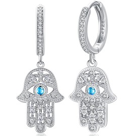Aniu S925 Sterling Silver Hamsa Earrings with Cubic Zirconia Hand of Fatima Evil Eye Hoop Dangle Drop Earrings December Birthstone Jewelry for Women Birthday Gifts Jewelry