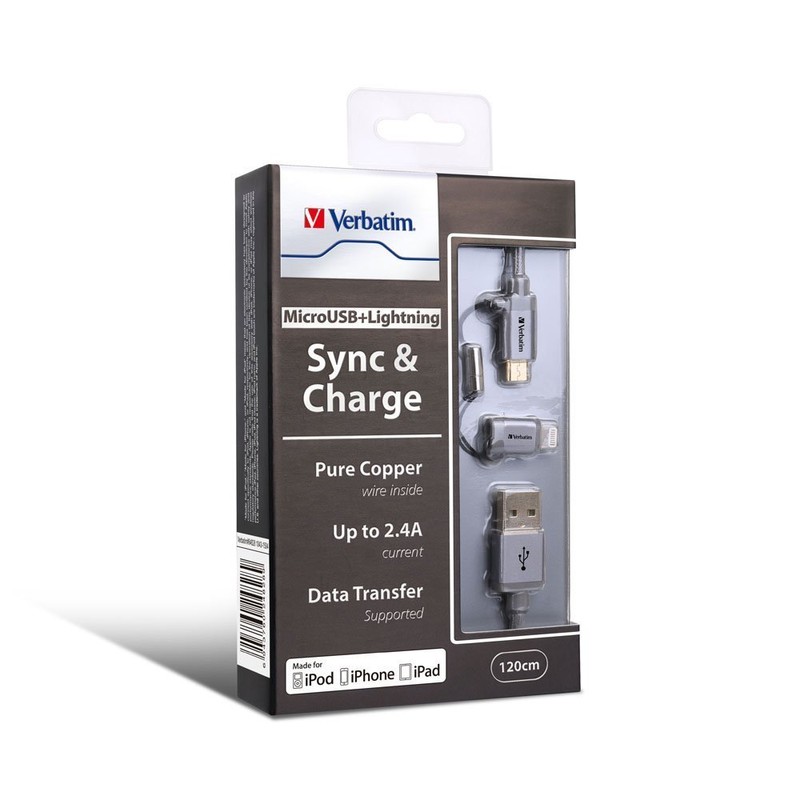 Verbatim Metallic Charge&Sync 2-in-1 Cable,Grey,Charge&Sync Cable 2-in-1 Micro+Lightning