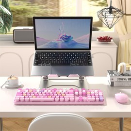 MPTOG Colorful Wireless Computer Keyboard and Mouse Combo with Round Typewriter Keycaps, Retro Design, Power Switch, Ergonomic Design, 2.4GHz Wireless for Windows, Mac, PC(Pink-Colorful)