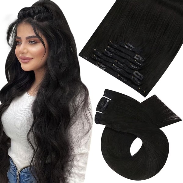 Moresoo Black Clip in Hair Extensions 24 Inch Double Weft Clip on Hair Extensions Real Human Hair Natural Black #1B Extension Cheveux Humain a Clips Full Head 7 Pieces 120G