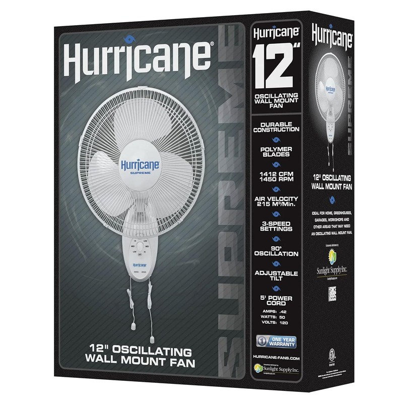 Hurricane Supreme 12” Portable Oscillating Wall Mount Fan, Space Saving,