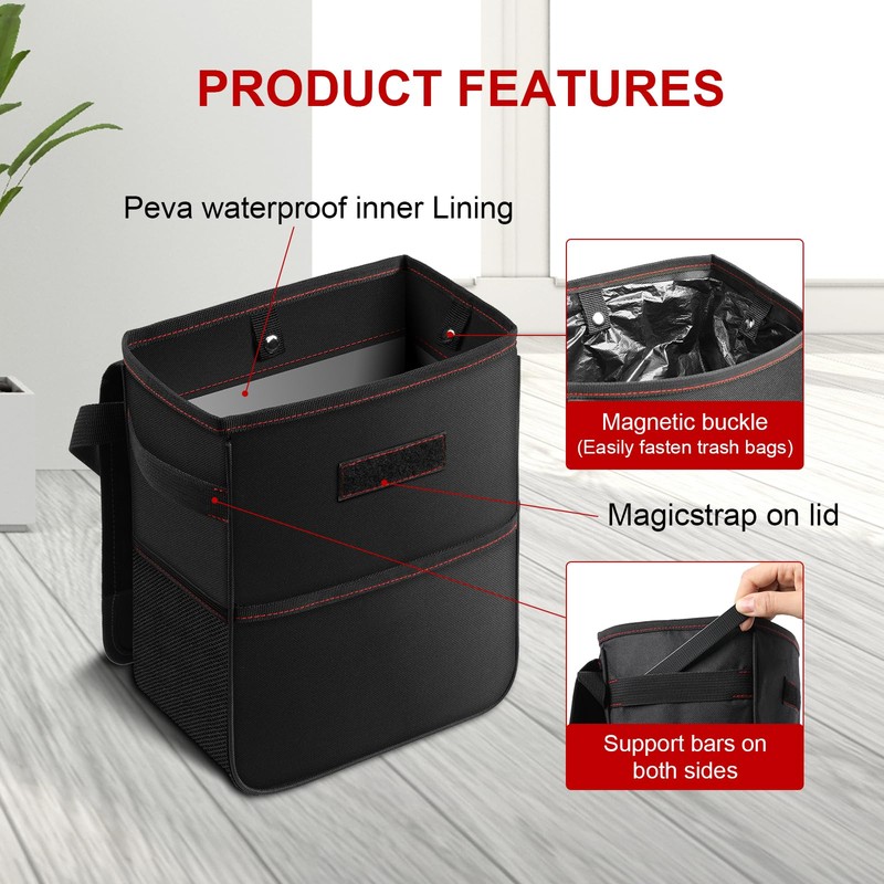 HealSmart Car Trash Can with Lid and Adjustable Straps,Waterproof Automotive