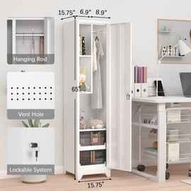 GREATMEET Slim Lockable Garage Storage Cabinet, Narrow Broom Storage Closet, 65" Metal Cleaning Tool Cabinet with Lock and Door,Utility Cabinets for Brooms and Mops for Laundry Room, White