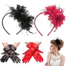 FOSDICK Women's Fascinator Hat and 2 Pairs of Lace Gloves, Fascinators Hair Accessories, Black Red, Fascinator Hat Women's Elegant, 50s Accessories Woman for Party, Church, Cocktail, Carnival