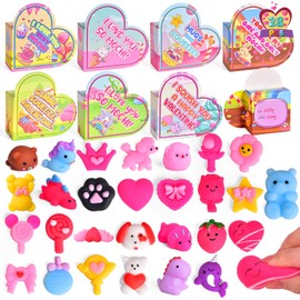 Valentines Mochi Squishy Toys for Kids,28 Packs Kawaii Squishies Toys with Heart Boxes Valentines Day Gifts for Kid Classroom, Valentines Day Cards Box for Kids School, Valentine Party Favors for Kids