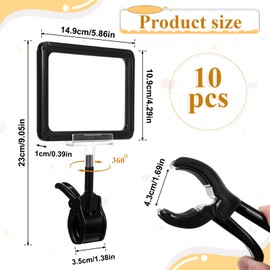 SHENLIU 10 Pcs Acrylic Sign Holder with Clamp, 6 x 9 Inch Double Head Display Clips, Clothing Rack Sign Holder with PVC Card Protector, Rotating Price Tag Clip for Store Office Supermarket