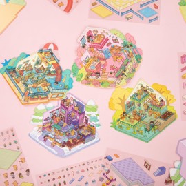 DIY Scene Sticker, 4 Set Kawaii 3D House Sticker Create Your Own Warm Mini Home Fun Cartoon Animal Scene Stickers for Adult Teens Art Stickers Relief Stress Pass The Time