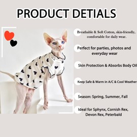 QBLEEV Sphynx Cat Clothes – Breathable Cotton Cat Shirts for Hairless Cats, Summer Pet Apparel with Heart Pattern & Ruffle Sleeves, Lightweight Cat Vest for Indoor/Outdoor Wear