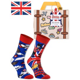 Rainbow Socks - Women's Men's England Funny Socks Suitcase - English Breakfast Tea Queen Elizabeth Beans - 1 Pair, 1 x National Socks Box England