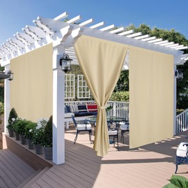 RYB HOME Outdoor Curtains with Magic Tape, Waterproof Windproof Outside No Rod Drapes for Pergola Sun Room Gazebo, Portable Self Adhesive Curtains W52 x L96 Inches, Biscotti Beige, 2 Panels