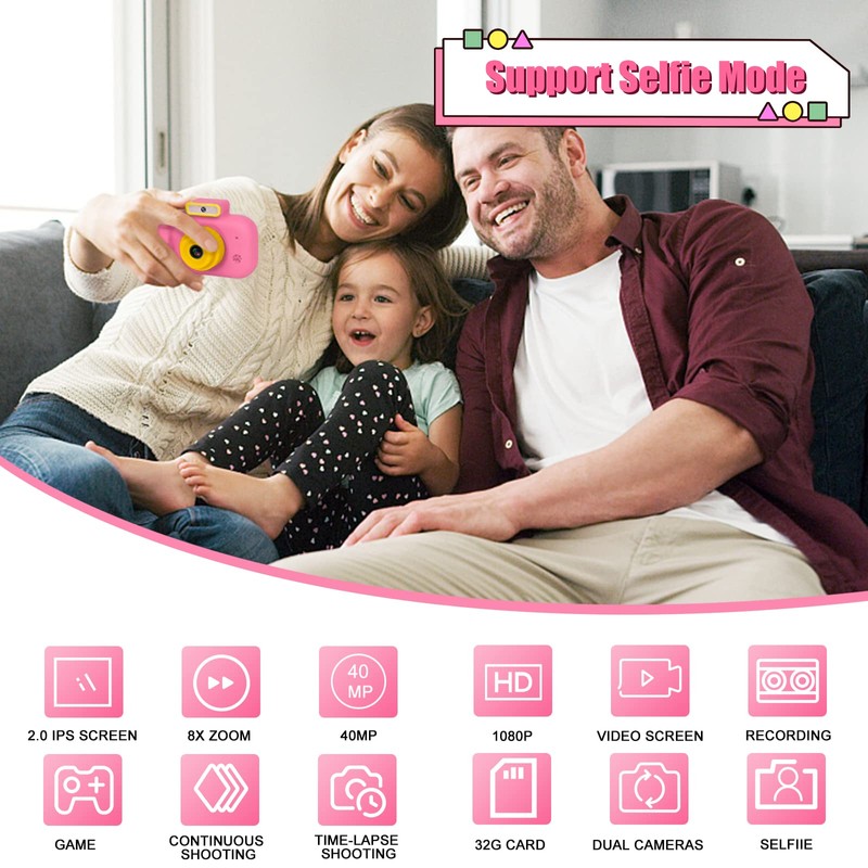 Kids Camera, Toddler Selfie Digital Pink Camera Birthday Toys Gift