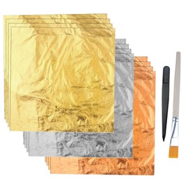 Gold Leaf Sheets, 300 Pieces Imitation Rose Silver Gold Leaf Sheets Multi Color Leaf Paper for Crafts Foil Flakes for DIY Art Decoration, Nails, Handicrafts, Painting, Resin (with Tweezer and Brush)