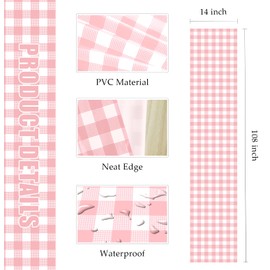 MUNILAIL 6 Pcs Pink and White Checkered Table Runner 14 x 108 Plastic Gingham Table Runner for Birthday Wedding Baby Shower Party Disposable Table Runner