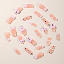 24 Pcs Press on Nails Medium Square,LINMEIZAI White French Fake Nails Press ons Nail Tips Glue on Nails Full Cover Acrylic Nail Art Kit False Nails with Rhinestone Pink Bow Charms Design for Women