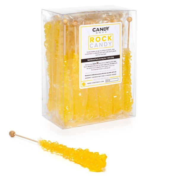 Yellow Rock Candy Crystal Sticks - Lemon Flavored - 24 Indiv. Wrapped