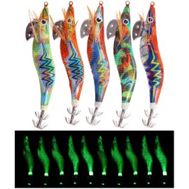 Squid Jig Saltwater Glow Squid Lures, 5/10pcs Luminous Shrimp Lures Fluorescent Squid Jigs Prawn Cuttlefish Sleeve Octopus Jigs Fishing Lures
