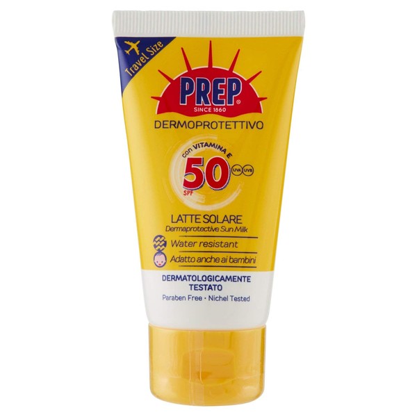 PREP, Latte Solare Dermoprotettivo SPF 50, Protezione Solare Raggi UVA e UVB, Senza Parabeni, Travel Size Formato 50 ml