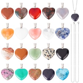 arricraft 20 Pcs 20 Colors Heart Gemstone Beads, Natural Crystal Pendants with 304 Stainless Steel Chains Synthetic Mixed Gemstone Love Heart Pendants for Jewelry Making