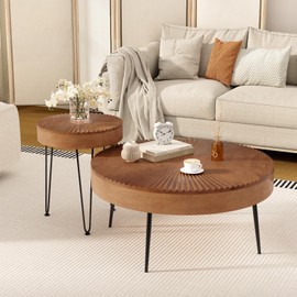 COSTWAY Farmhouse Round Coffee Table Set of 2, Rustic Sofa Side Tea Tables w/Wood Finish, Metal Frame, Adjustable Foot Pads, Nesting End Table Set for Living Room, Bedroom (Radial Pattern, Brown)