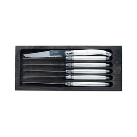 Jean Dubost White Handles in Black Tray Steak Knives, Stainless Steel Blades, Set of 6