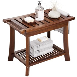 Teak Shower Bench, 23.6 Inch Teak Shower Stool 300lbs Wood Shower Chair Seat with Storage Shelf Towel Rack for Bathroom Indoor and Outdoor Use