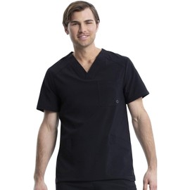 Infinity Cherokee V- Neck Men's Scrub Top with Rib Knit Back Panels with 3 Pockets and 360 Stretch CK900A, XL, Black
